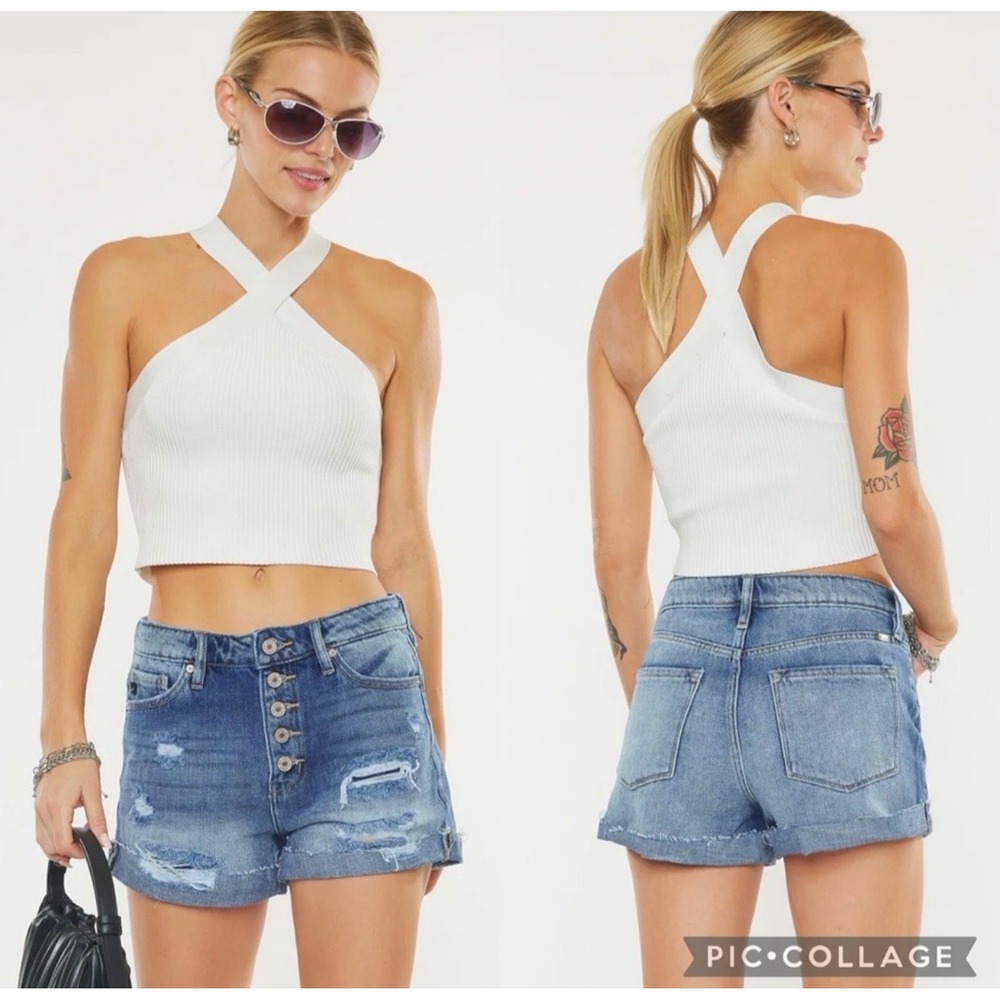 KanCan Jovana Ultra High Rise Button Fly‎ Distressed Shorts Medium Wash Sz 15/31